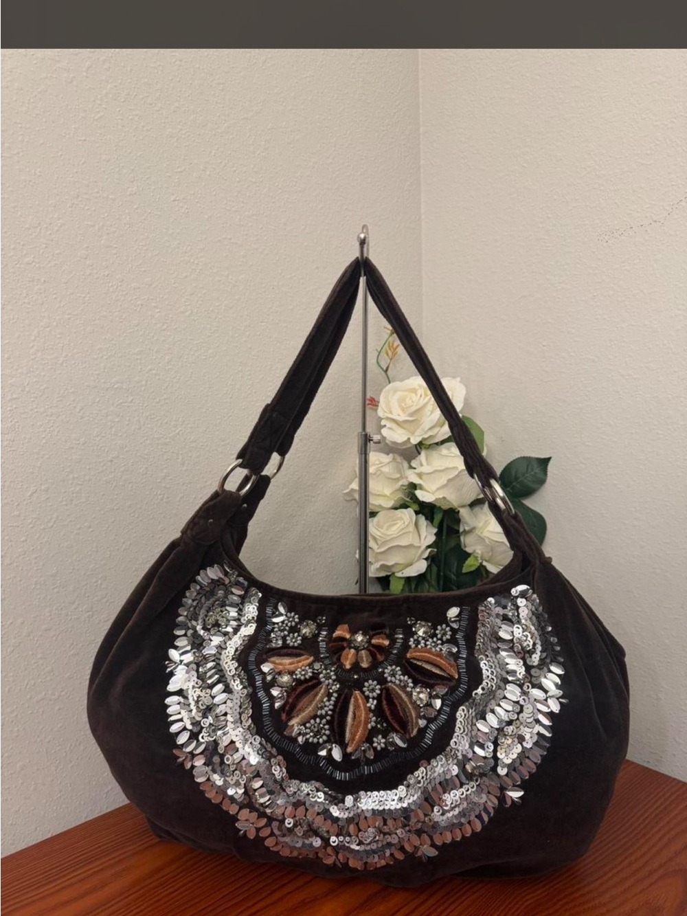 Embellished Chocolate Brown velvet Hobo Bag